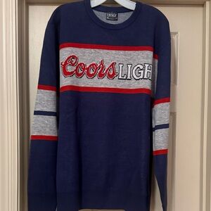 Coors Light Men's Blue Crewneck Sweater with Red and Gray Stripes (size XL)